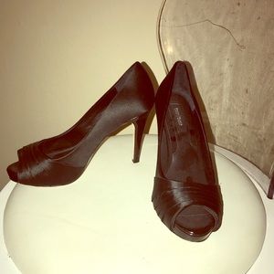 Black Satin Peep Toe Pumps